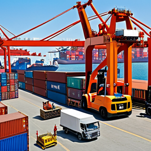 ** A bustling international port scene. Container ships being loaded and unloaded, forklifts moving cargo, customs officials inspecting documents. The overall feel should be active and show the global nature of import/export.

**