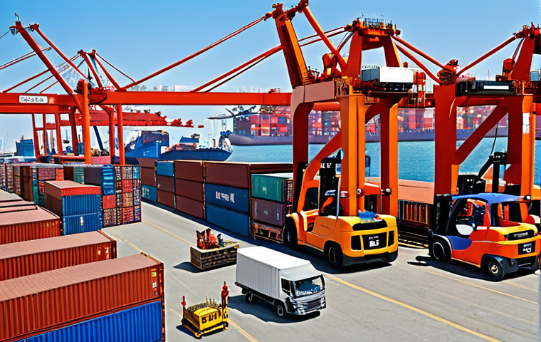 ** A bustling international port scene. Container ships being loaded and unloaded, forklifts moving cargo, customs officials inspecting documents. The overall feel should be active and show the global nature of import/export.
**