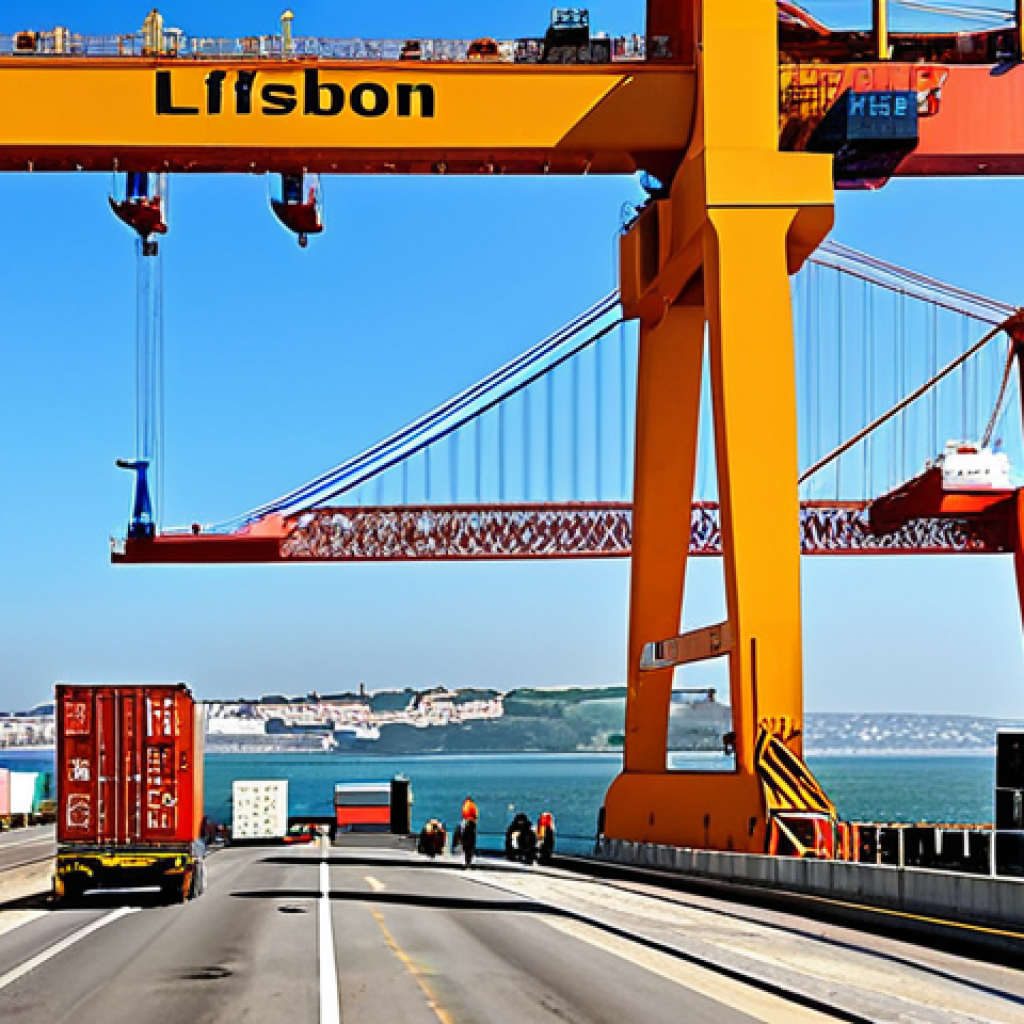 Busy Port of Lisbon**

"A bustling scene at the Port of Lisbon, containers being loaded onto cargo ships, cranes in operation. In the background, the iconic Ponte 25 de Abril bridge. Warm, sunny weather. Safe for work, appropriate content, fully clothed workers, professional environment, perfect anatomy, natural proportions, high quality."

**