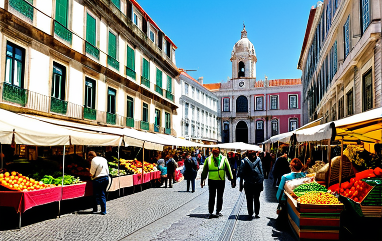 해외 시장조사 방법 - Bustling Lisbon Marketplace**
"A vibrant, colorful marketplace scene in Lisbon, Portugal. Vendors a...