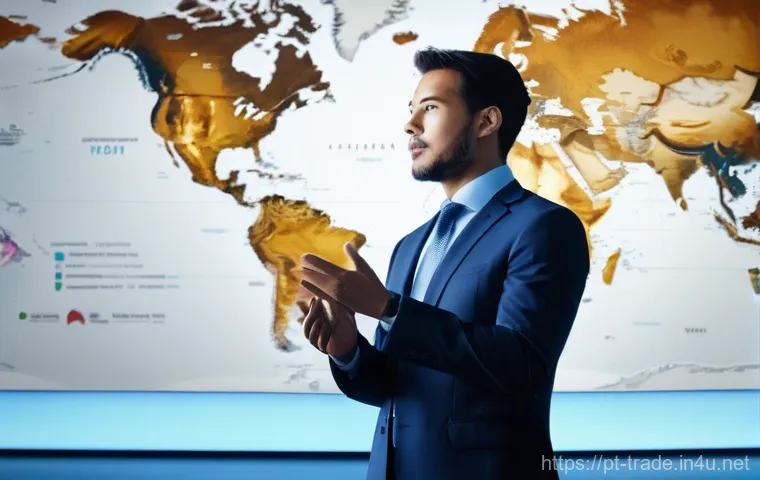 무역 실무에서의 디지털 전환 - **Prompt:** A diverse group of modern business professionals, including men and women wearing contem...