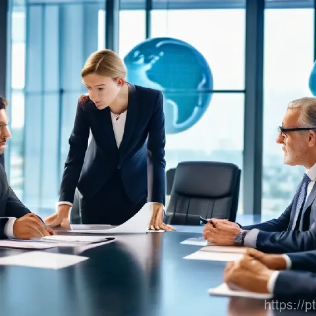 수출입 계약의 필수 항목 - **Prompt:** "A diverse group of professionally dressed business executives, including men and women ...