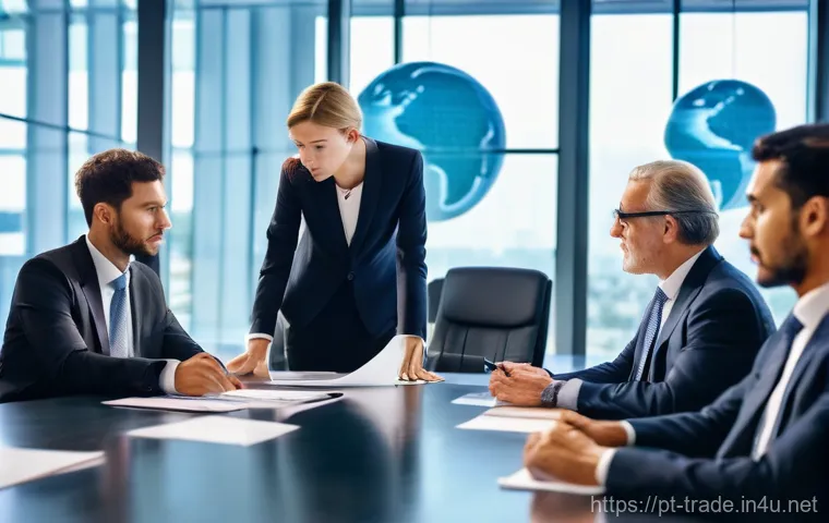 수출입 계약의 필수 항목 - **Prompt:** "A diverse group of professionally dressed business executives, including men and women ...