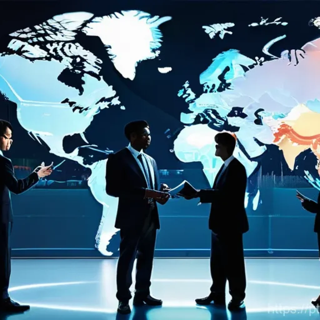 국제무역사 시험 중점 과목 - **Prompt:** A dynamic, global business environment, depicted by a diverse group of young and experie...