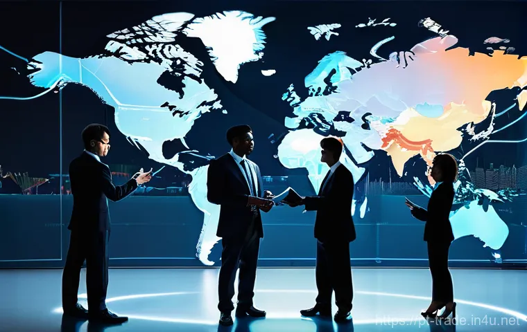 국제무역사 시험 중점 과목 - **Prompt:** A dynamic, global business environment, depicted by a diverse group of young and experie...