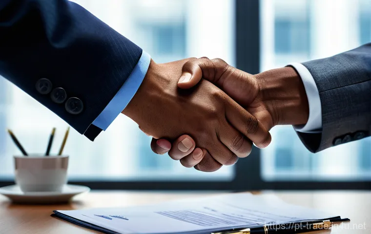 수출입 계약의 분쟁 해결 사례 - **"A close-up, high-angle shot of two business professionals, one Portuguese and one Brazilian, firm...