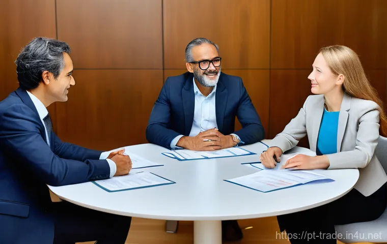 수출입 계약의 분쟁 해결 사례 - **"A close-up, high-angle shot of two business professionals, one Portuguese and one Brazilian, firm...