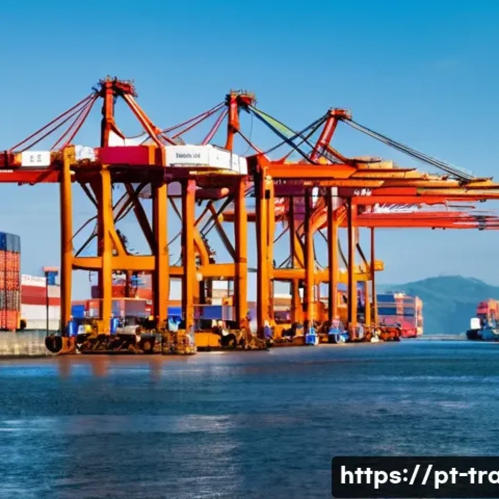 국제무역사의 미래 전망 - **A bustling international trade port in Santos, Brazil, during the day.** Wide shot. Cargo ships ar...
