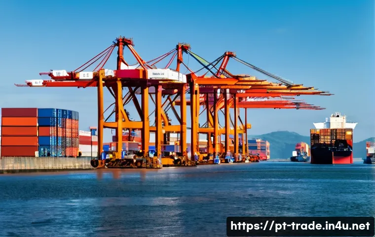 국제무역사의 미래 전망 - **A bustling international trade port in Santos, Brazil, during the day.** Wide shot. Cargo ships ar...