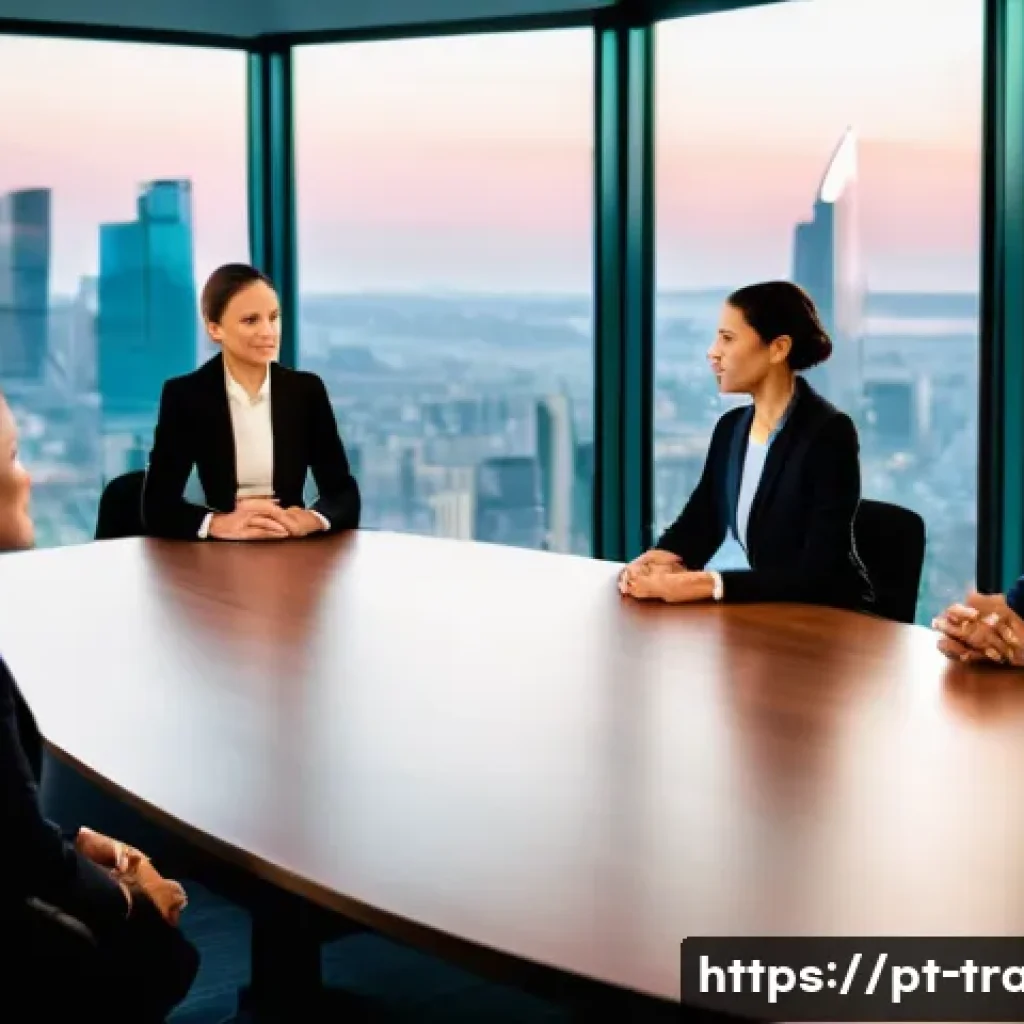 국제무역사의 전망과 발전 가능성 - **Prompt:** A dynamic, high-angle shot capturing a diverse group of five international business prof...