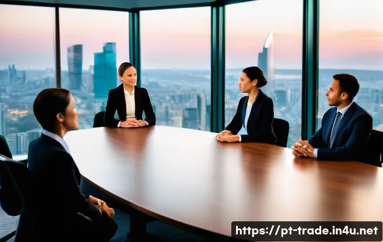 국제무역사의 전망과 발전 가능성 - **Prompt:** A dynamic, high-angle shot capturing a diverse group of five international business prof...