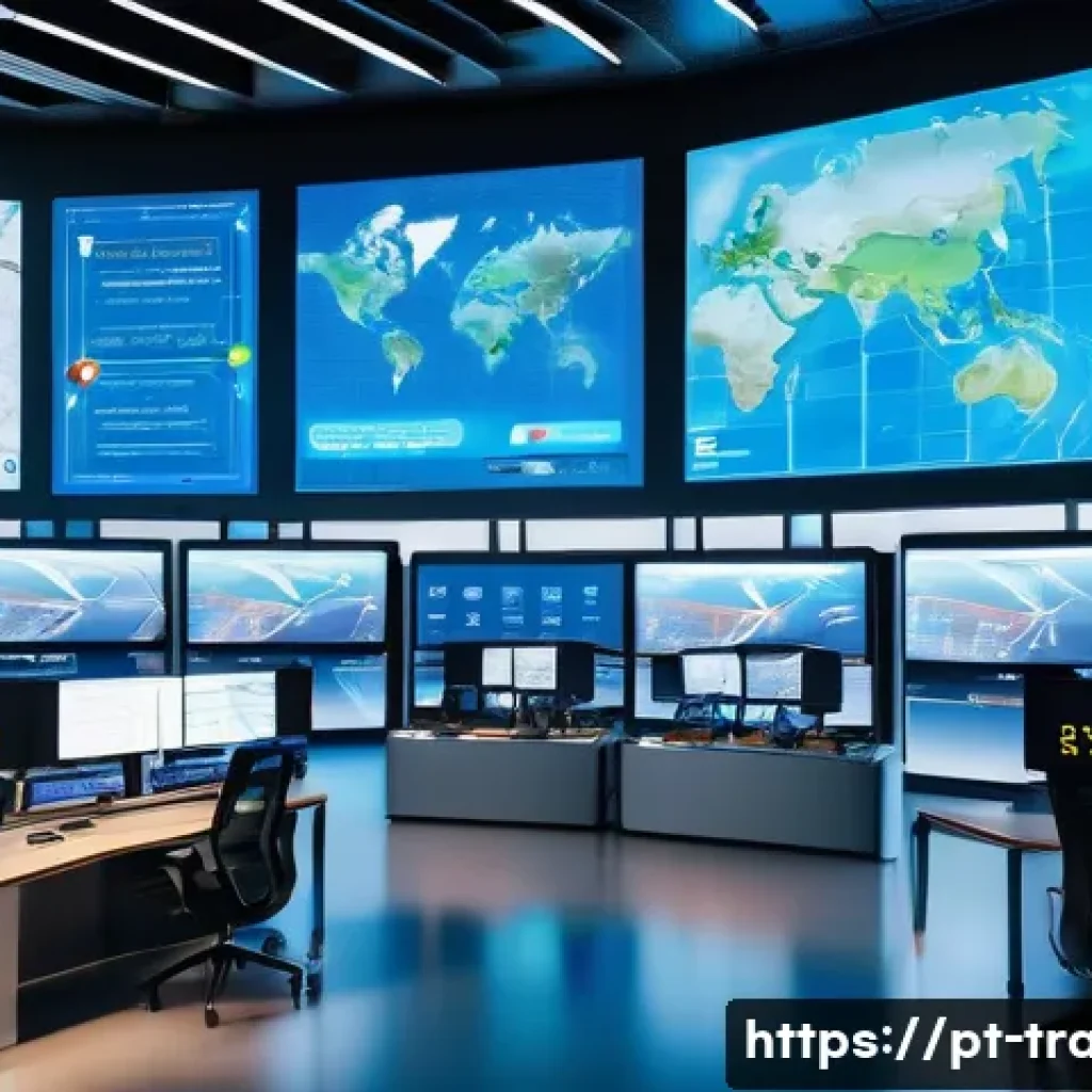 무역업계 스타트업 아이디어 - A modern international logistics control center showcasing a diverse team of professionals using adv...
