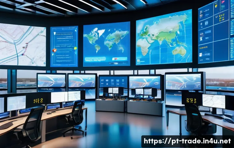 무역업계 스타트업 아이디어 - A modern international logistics control center showcasing a diverse team of professionals using adv...