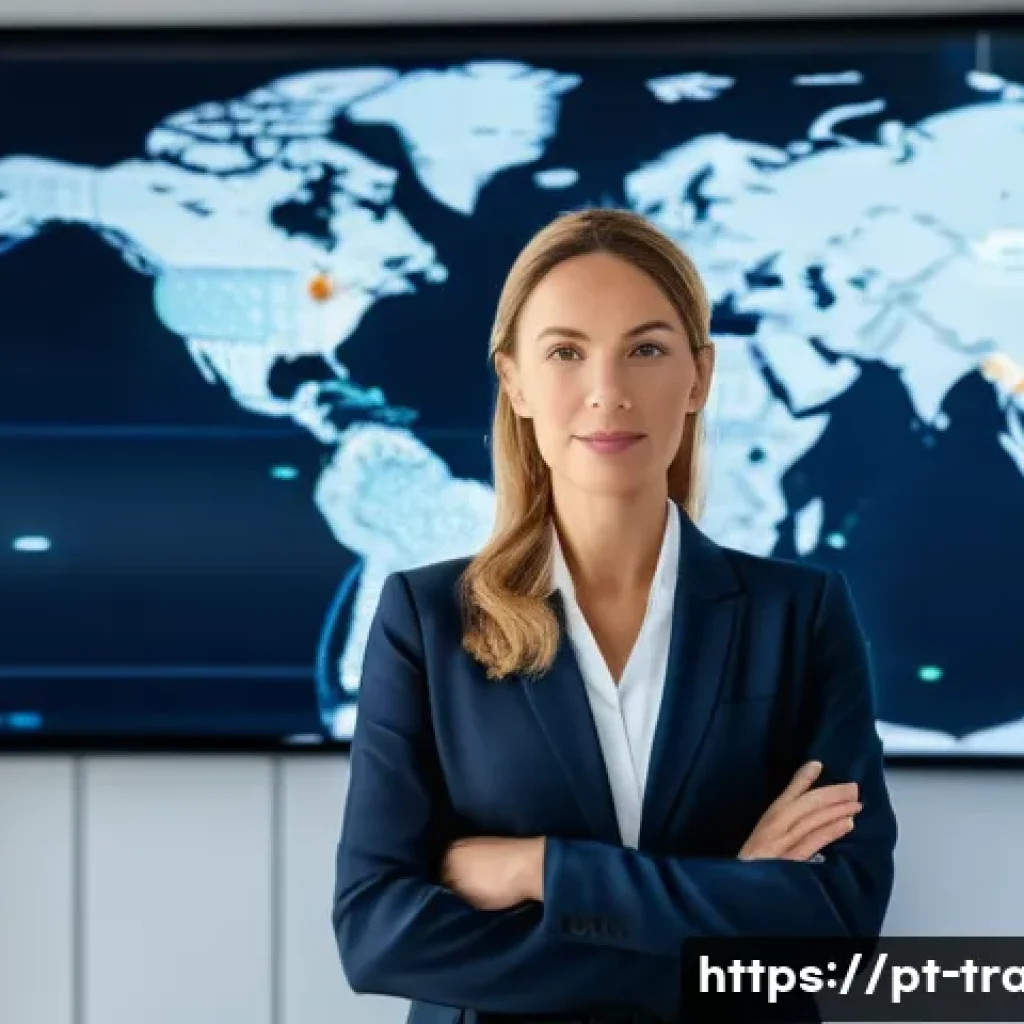 국제무역사 자격증의 전망 - A professional businesswoman in formal attire, confidently presenting international trade data on a ...