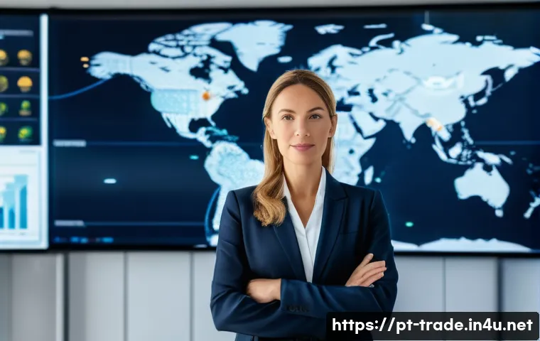 국제무역사 자격증의 전망 - A professional businesswoman in formal attire, confidently presenting international trade data on a ...