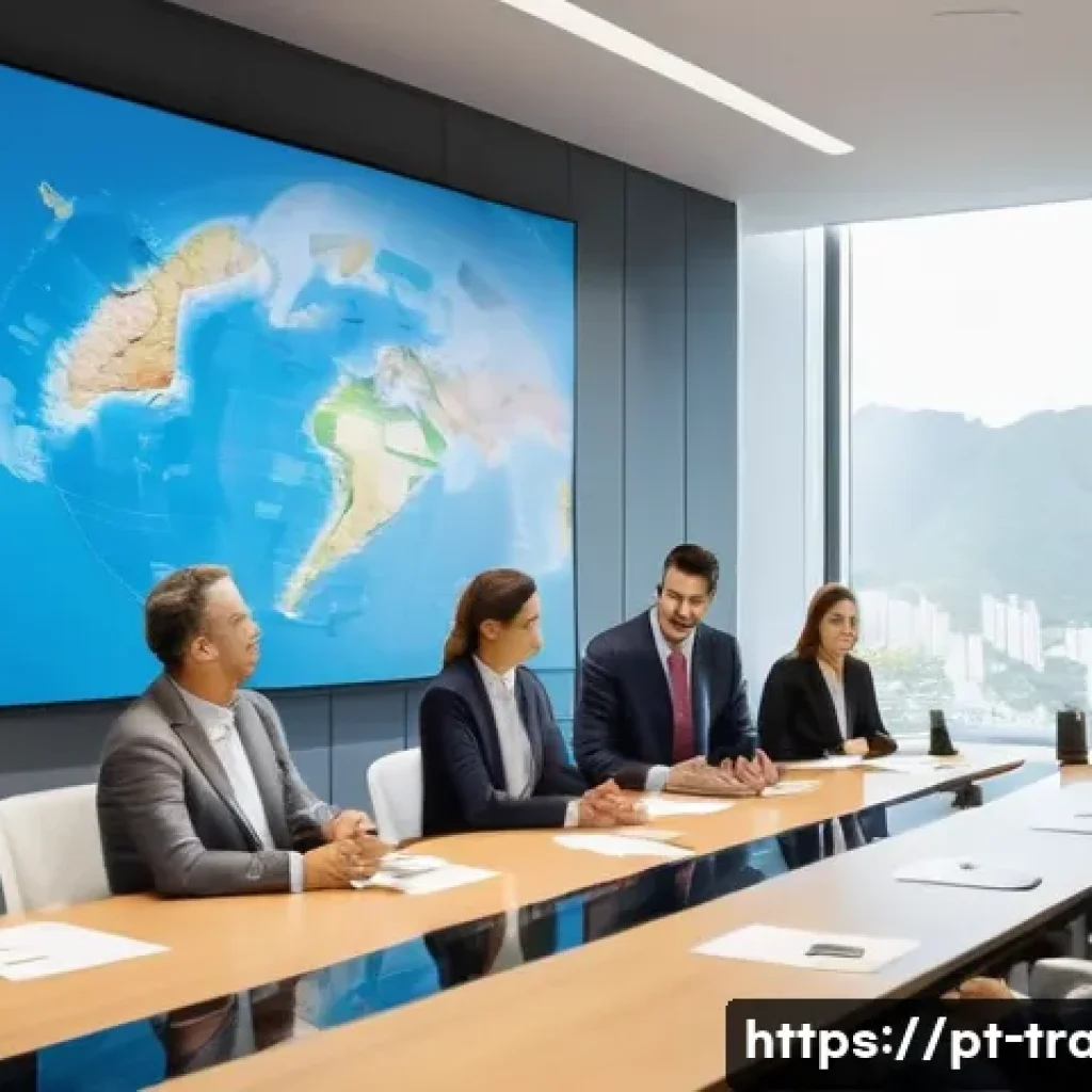 무역업계 전문가의 조언 모음 - A detailed professional business meeting scene set in a modern office in Brazil, showing diverse int...