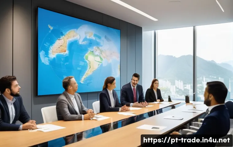 무역업계 전문가의 조언 모음 - A detailed professional business meeting scene set in a modern office in Brazil, showing diverse int...