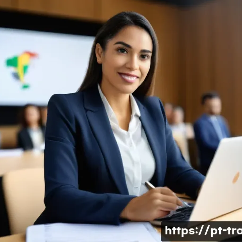 국제무역사의 자격 갱신 절차 - A professional Brazilian businesswoman attending an international trade certification renewal semina...