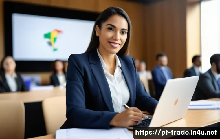 국제무역사의 자격 갱신 절차 - A professional Brazilian businesswoman attending an international trade certification renewal semina...