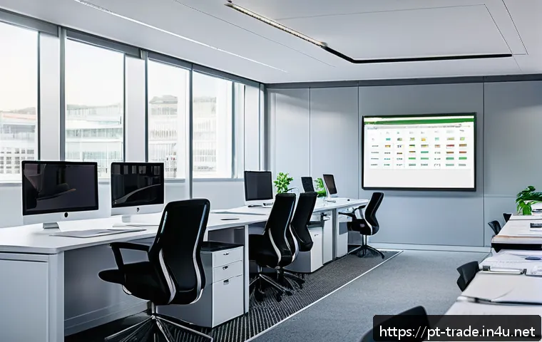무역 실무자의 월간 업무 일정 - A modern office environment with a diverse team of professionals organizing international trade docu...