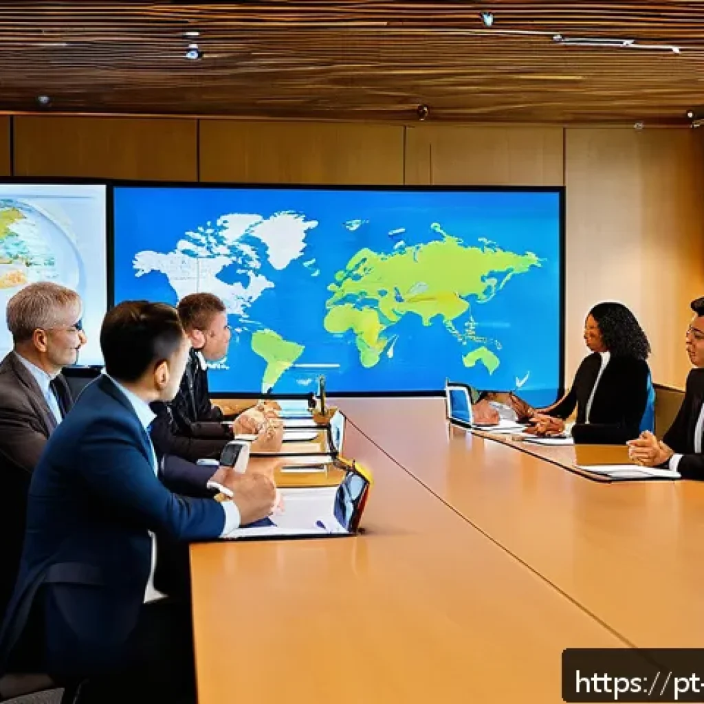 무역업계 자격증 비교 - A professional setting showing a diverse group of businesspeople in formal attire engaged in an inte...