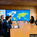 무역업계 자격증 비교 - A professional setting showing a diverse group of businesspeople in formal attire engaged in an inte...