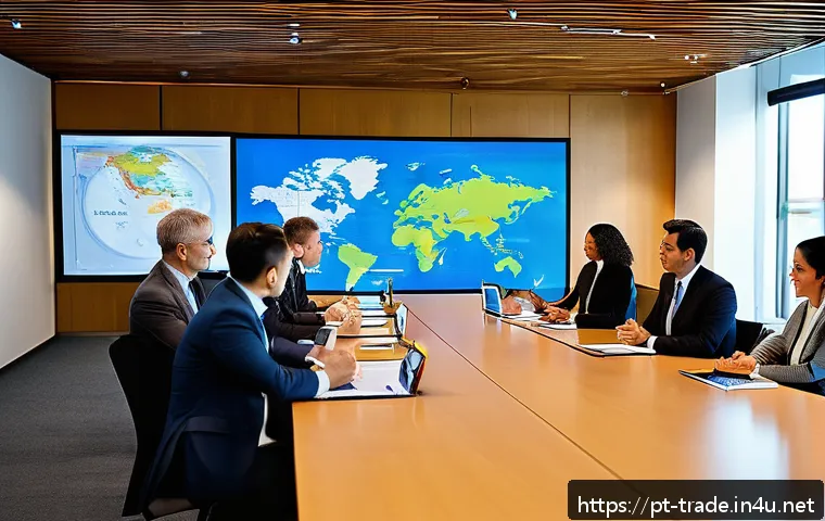 무역업계 자격증 비교 - A professional setting showing a diverse group of businesspeople in formal attire engaged in an inte...